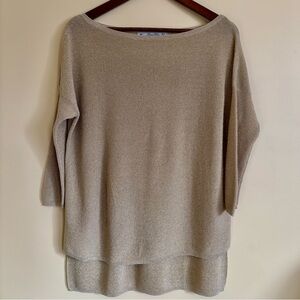 Zara| Gold & Tan Metallic Thread Boat Neck Tunic Hi-Lo 3/4 Sleeve Sweater Sz M
